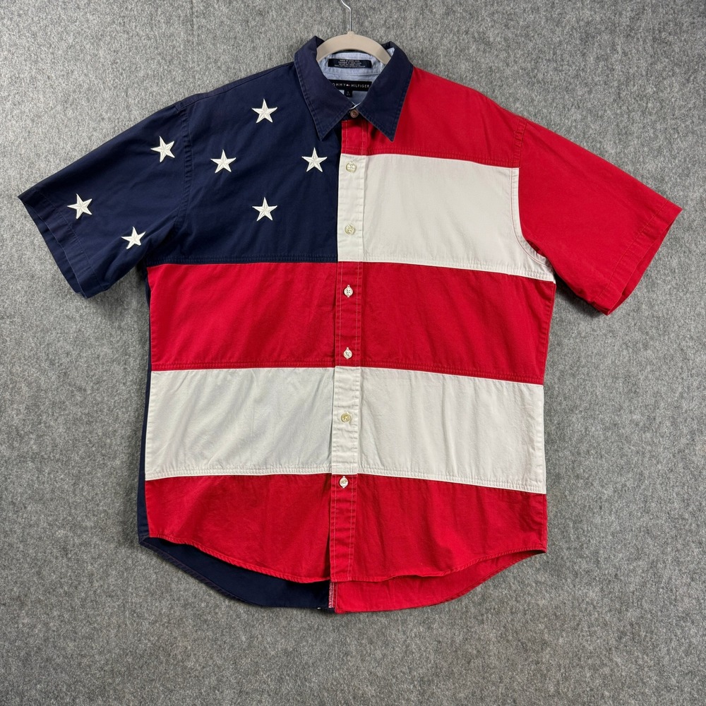 Tommy Hilfiger Mens American Flag Stars and Stripes Short Sleeve Shirt Large